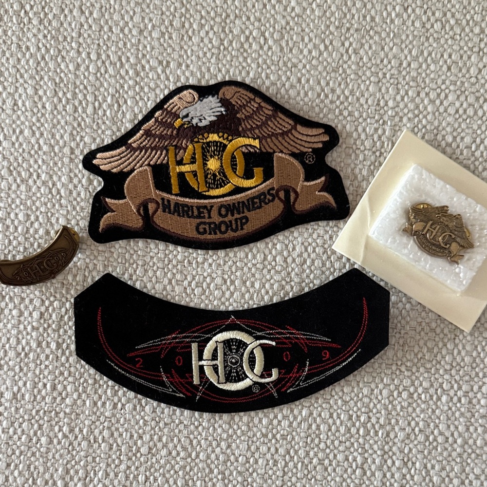 Collection of Harley Owners Group Emblem Patches and Pins- Black, Gold, Brown